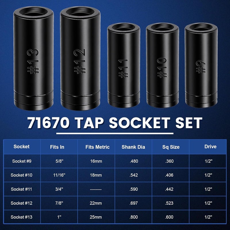 DikTalk 71670 Large Tap Socket Set, Socket Wrench Set with Vinyl Tap Holder, 5/8" to 1" & Metric, 1/2" Square Drive Taps Sockets Adapter for Tap and Die, Extensions, Tight Spaces - Image 2